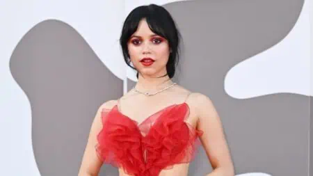 Jenna Ortega in red dress to promote Beetlejuice sequel