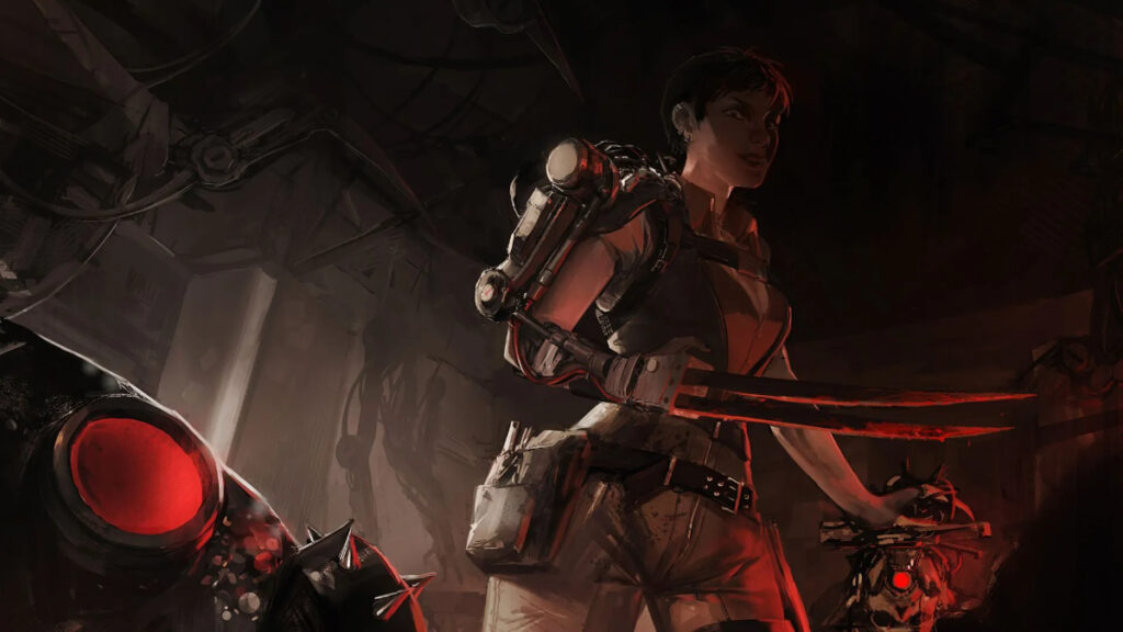 Key art showing the Skull Merchant with her weapon upheld