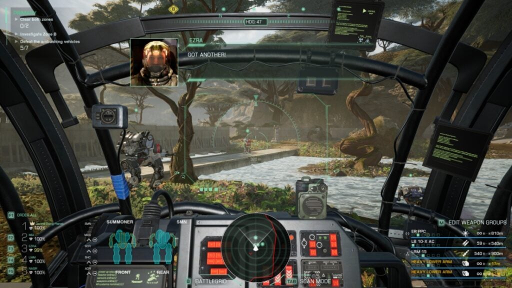 A first-person view of the mech's interior on the battlefield