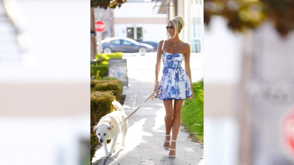 Emma Hernan walks her dog in a blue and white mini dress