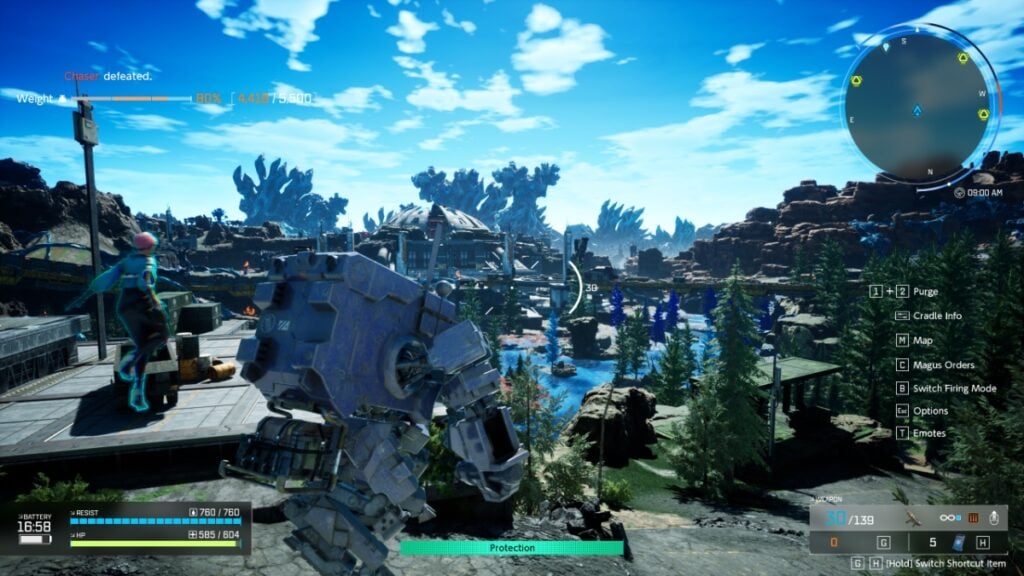 A third-person view of the player's mech in Synduality