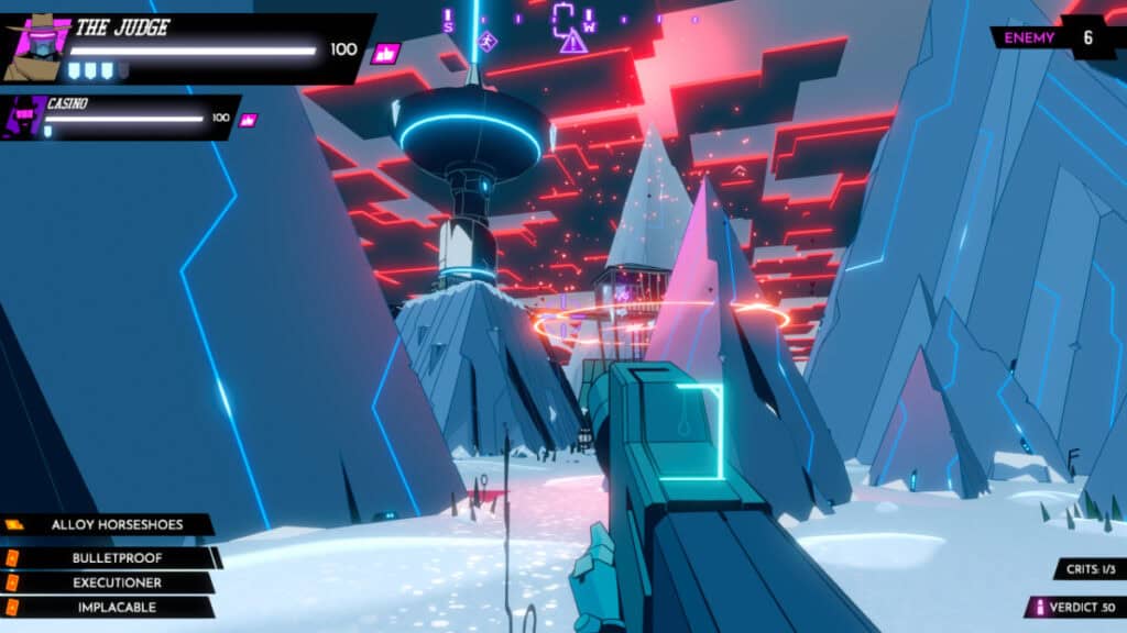 The Judge fights on a frozen planet with Tron-like red clouds