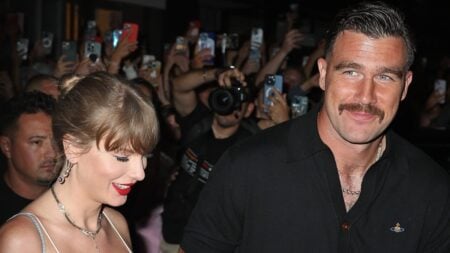 Taylor Swift and Travis Kelce cause fan frenzy leaving Karen Elson’s star-studded wedding at Electric Lady Studios in NYC.