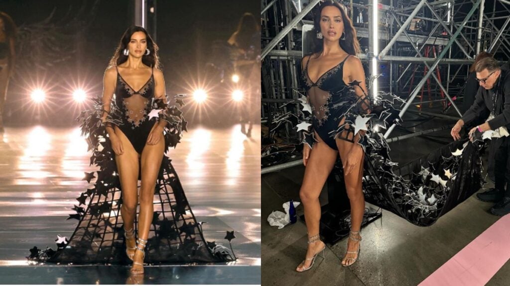 Irina Shayk in a black bodysuit and celestial train during Victoria's Secret runway show in New York.