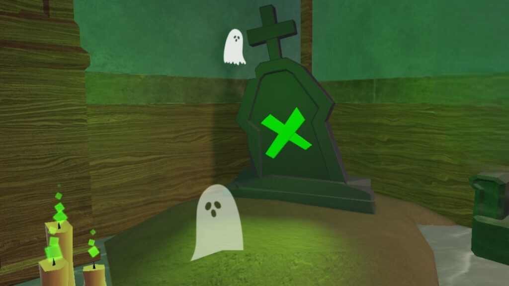 Roblox Keys Halloween Event and Haunt Guide A green grave with candles and ghosts in Keys