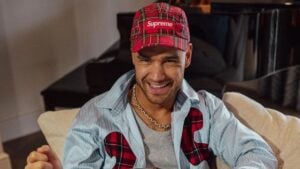 Liam Payne seated on a couch in his loving room.