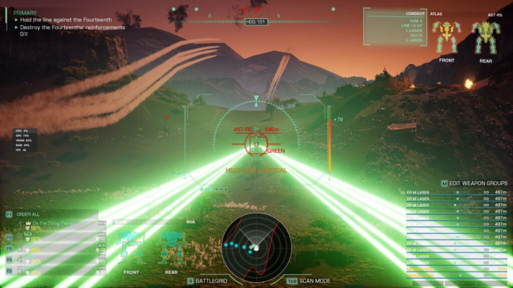 The player fires multiple green laser beams from their mech at a distant target