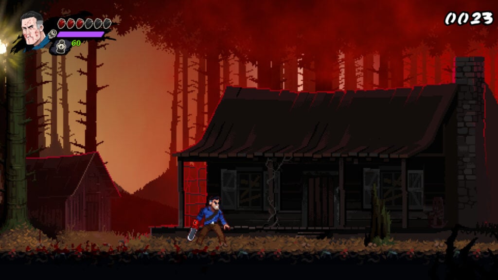 Ash approaches a dark cabin in the woods