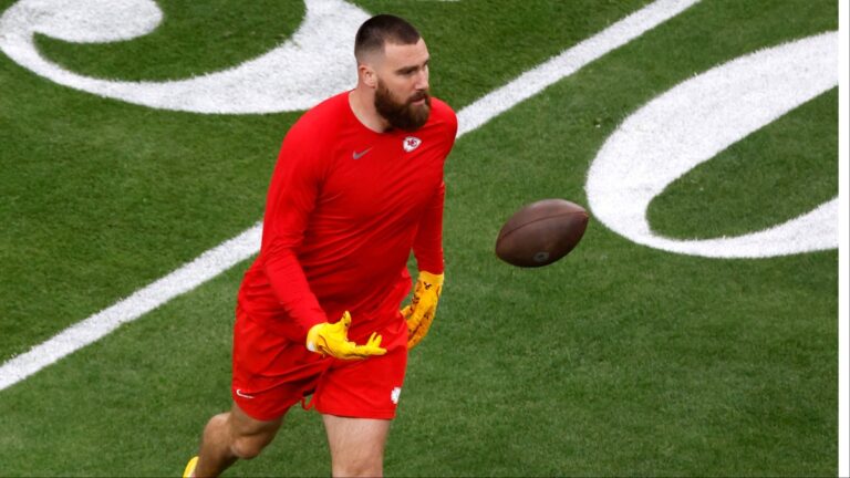 Travis Kelce ‘Arrogant’ For ‘Assuming’ Chiefs Will Make The Super Bowl In Hot Mic Moment: ‘He’s Been Garbage With and Without Taylor Swift This Year’ Travis Kelce warming up before a game