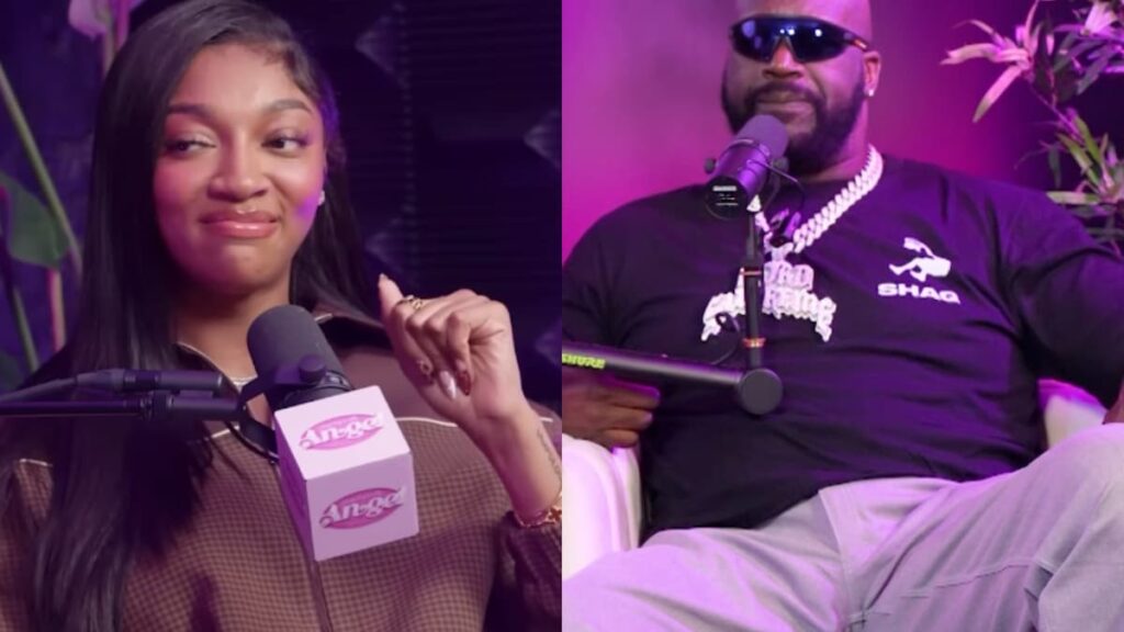 Angel Reese Fans Slam Shaquille O’Neal for ‘Perverted Behavior’ After Comments About Her in ‘Little Shorts’ Angel Reese and Shaq on Angel's podcast.