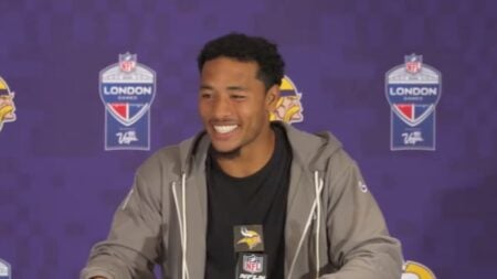 Camryn Bynum smiling during Vikings press conference.