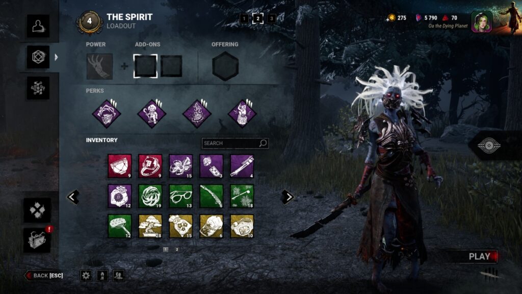 A generic meta build in for The Spirit in Dead by Daylight featuring some of her best perks