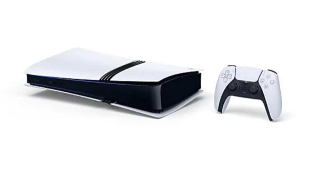 The PlayStation 5 Pro on its side next to a controller