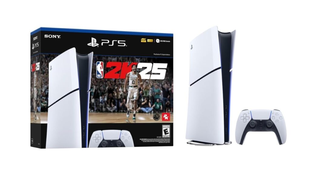 The PlayStation 5 Digital Edition NBA 2k25 bundle featuring the game, system, and controller