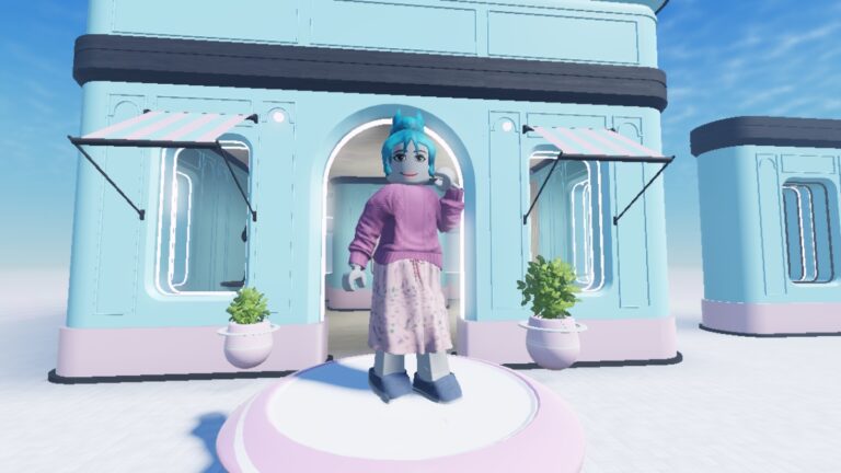 How To Find and Use the Roblox Creator Marketplace A character stands outside a shop in a default Roblox Studio experience