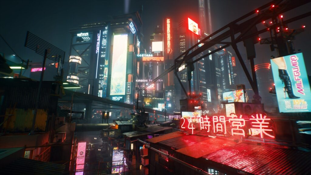 A dreary view of night city in Cyberpunk 2077