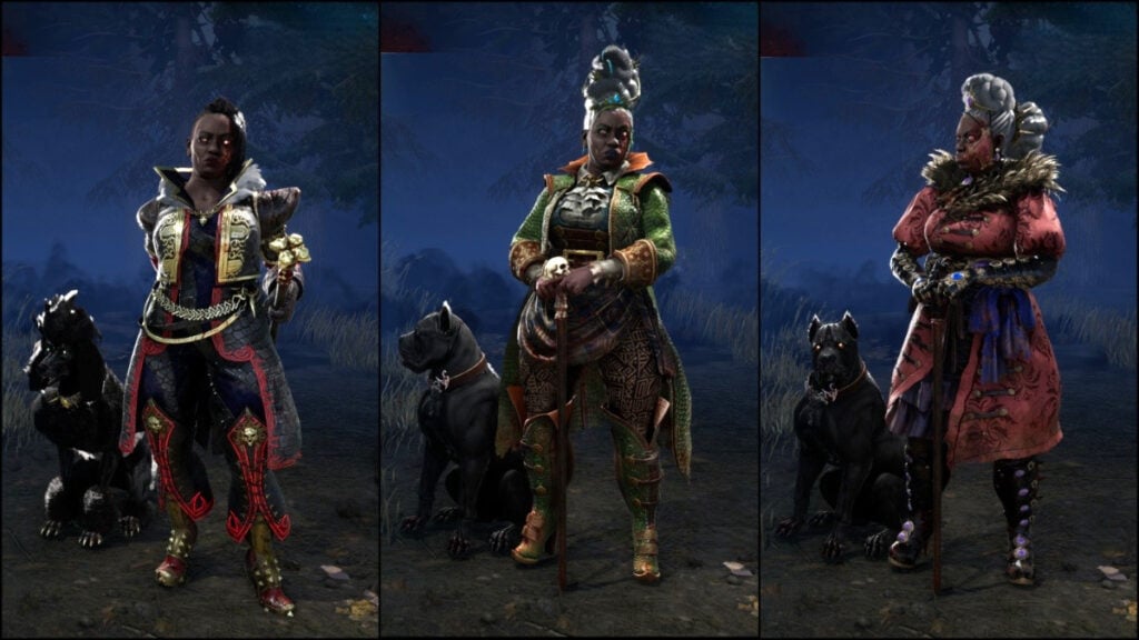 The Houndmaster posing in three of her cosmetics in Dead by Daylight