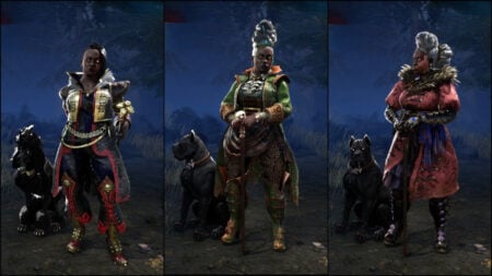 The Houndmaster posing in three of her cosmetics in Dead by Daylight