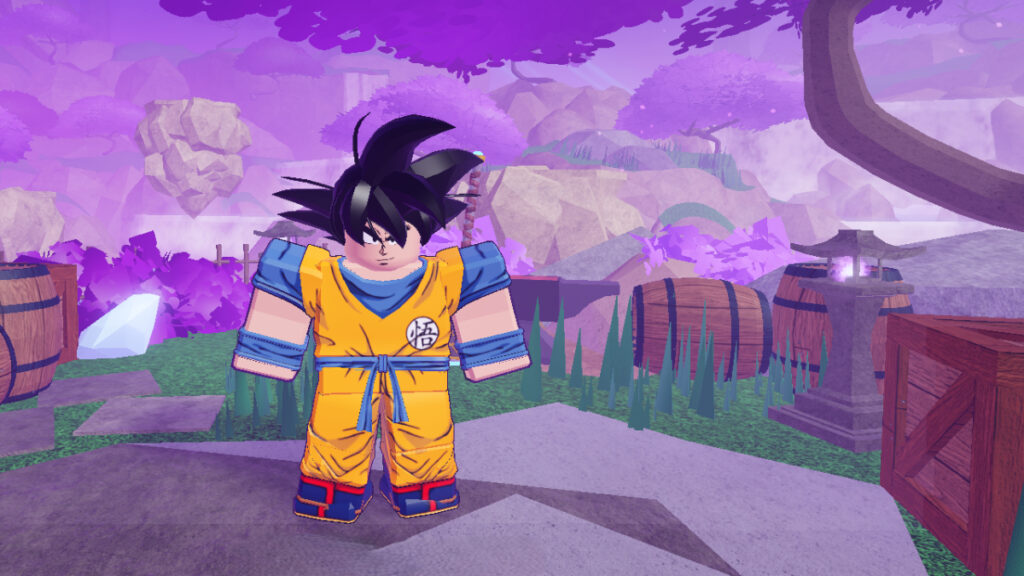 Roblox Dragon Soul Codes (December 2024) Goku stands on a boulder against a purple sky in Dragon Soul Roblox