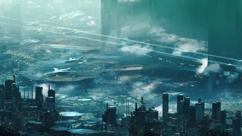 Commander Shepard Would Find the Exodus Gameplay Reveal Massively Effective A bird's-eye-view of a blue-tinged city in Exodus