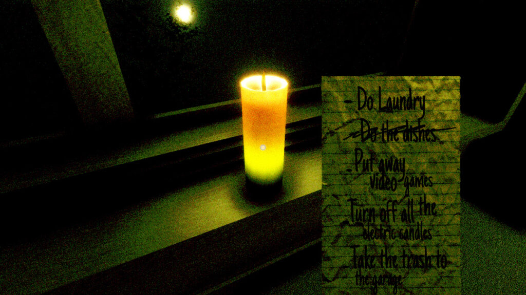 A candle casts a haunting light across a creepy to-do list in For Goodness Sake