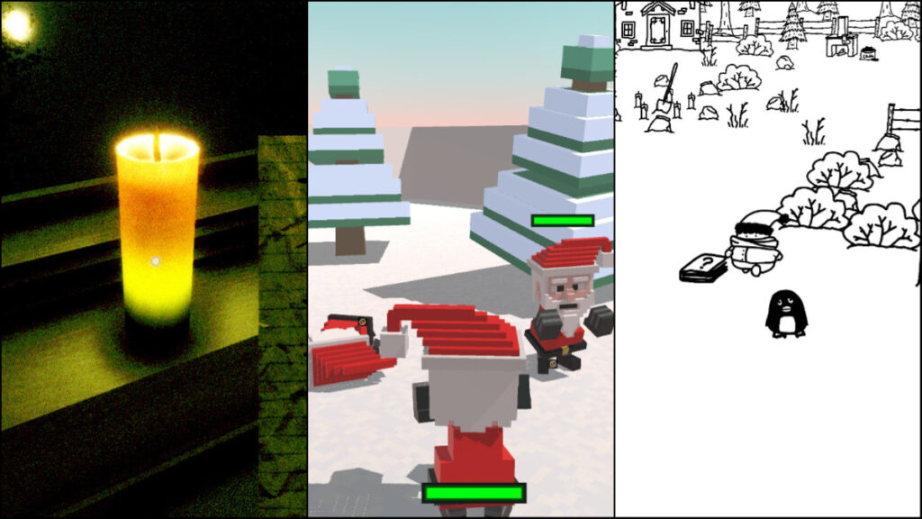 5 Free Christmas Games You Can Play On Steam for Some Holiday Cheer A collage of free holiday games, featuring a haunting candle, three blocky Santas, and a black and white winter scene