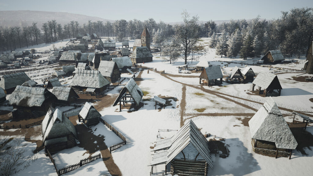 A quiet village covered in a light winter snow in Manor Lords