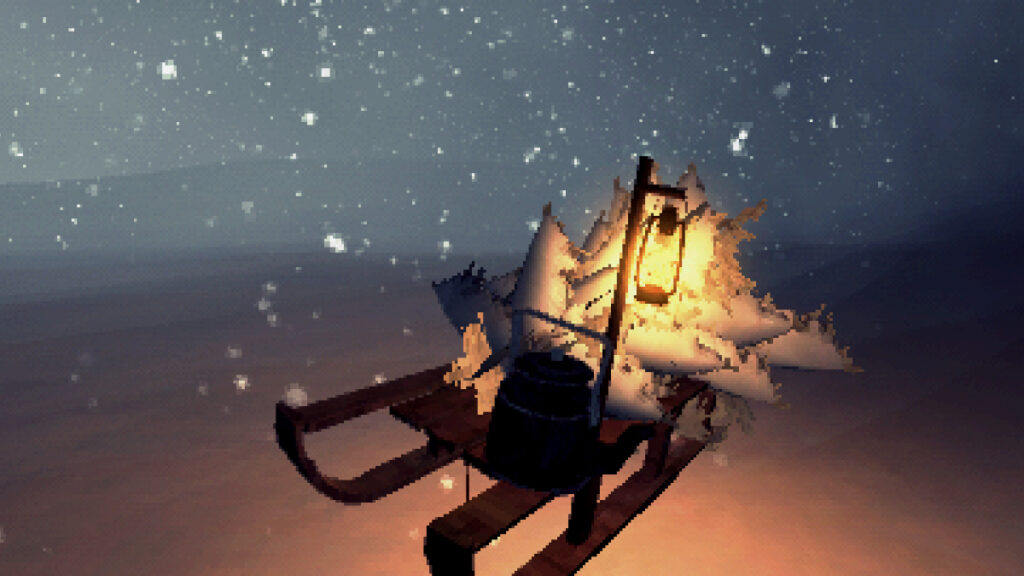 A sled lit by torchlight in the snow in Sprucerio