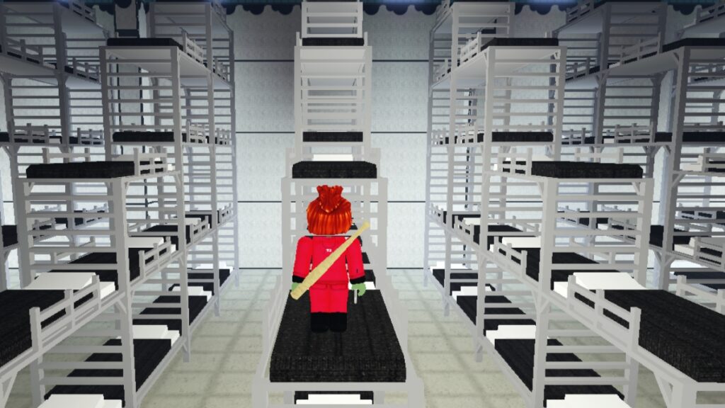 Squid Game Roblox Codes (January 2025) A red-suited guard stands atop stacked bunkbeds in Squid Game Roblox