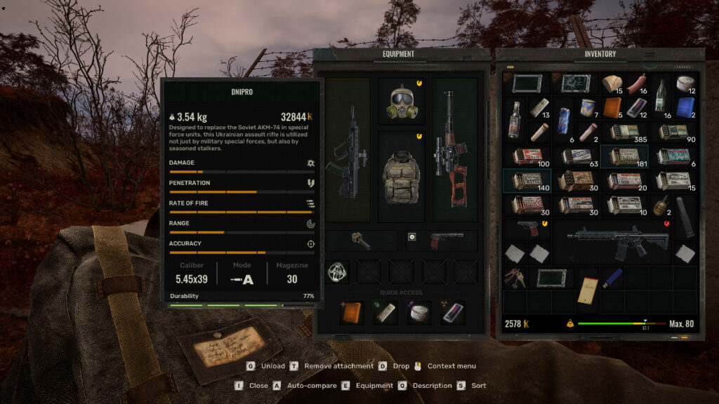 The player's inventory, loaded with items