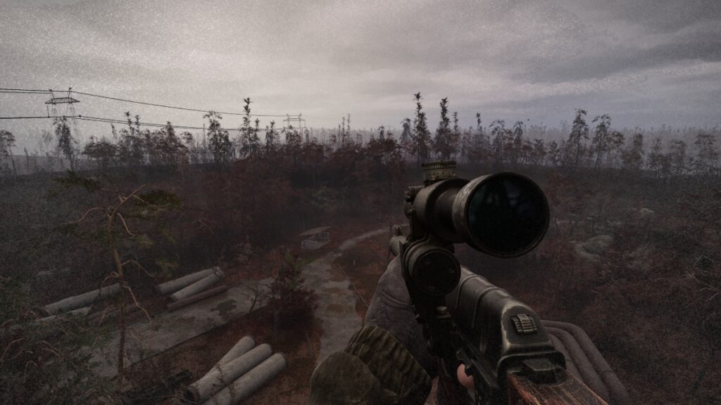 The player raises their rifle in a crow's nest, despite growing radiation