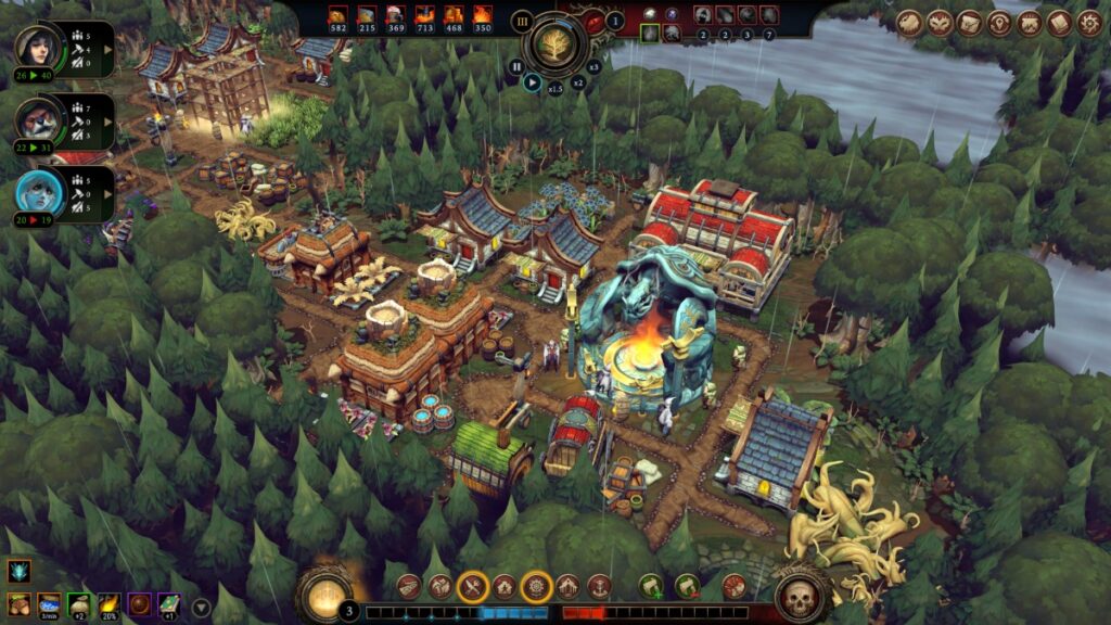 A bird's-eye view of a forested city in Against the Storm