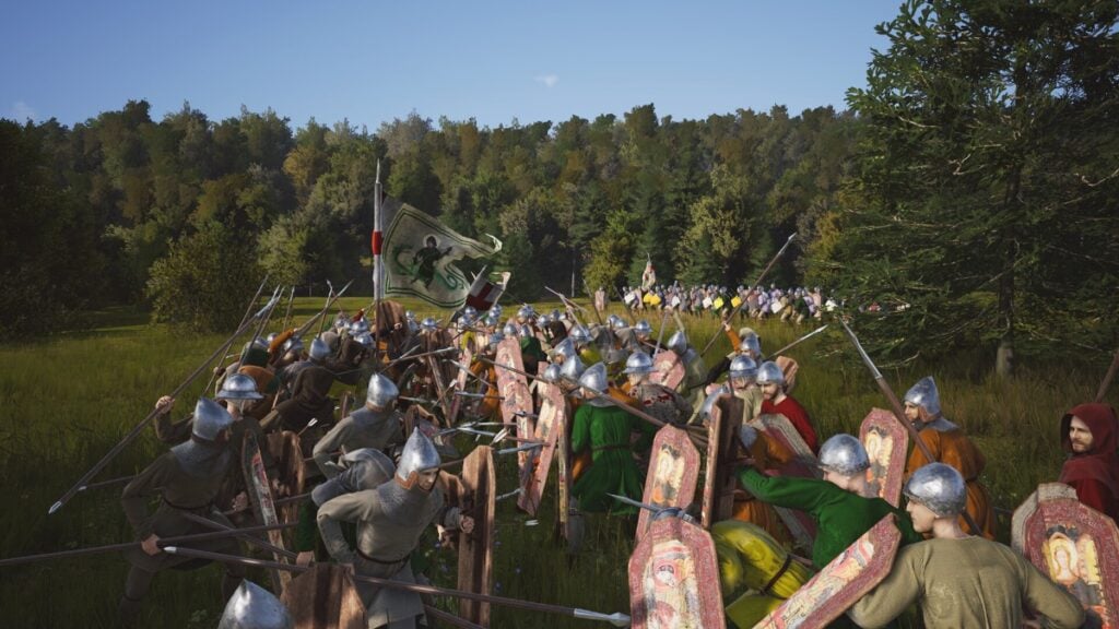 Opposing armies of mercenaries and bandits clash in Manor Lords