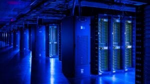 A blue-lit cold storage room for Meta servers