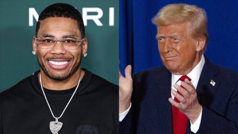 A photo collage of Nelly and Donald Trump