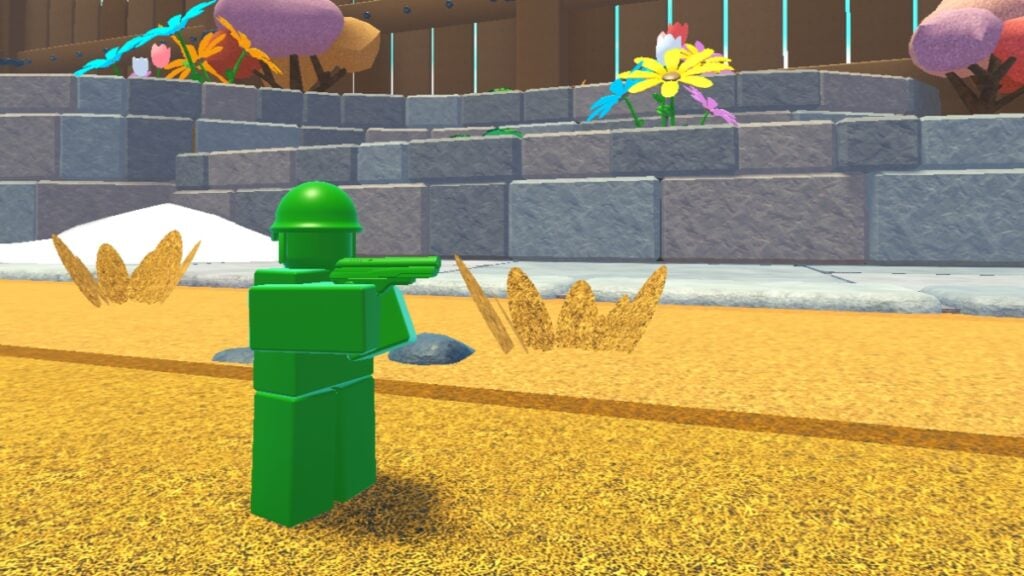 Roblox Toy Defense Codes (January 2025) A green toy soldier takes aim in the backyard in Roblox Toy Defense