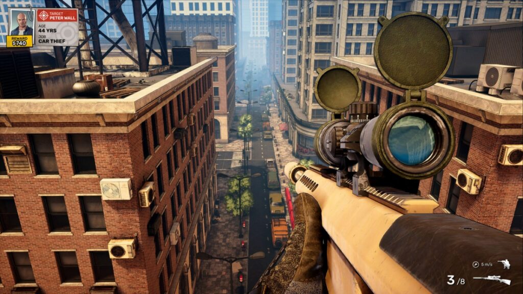 Sniper at Work Sets Its Sights on Hitman and Sniper Elite, But Can It Land the Killshot? The player prepares their sniper rifle from a rooftop crow's-nest in the middle of a city