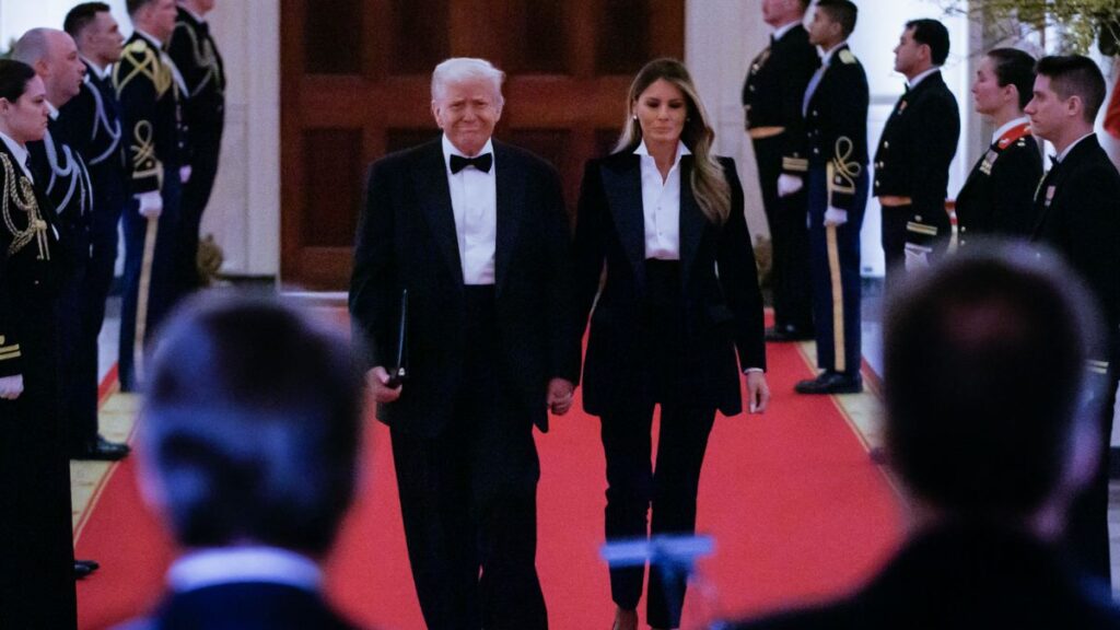 Melania Trump Trashed for Having ‘No Class’ After Wearing Pants To Match Donald At Governors’ Dinner: ‘Full Dude Attire!’ President Donald Trump and first lady Melania Trump arrive for the National Governors Association Dinner in the East Room of the White House in Washington, DC on February 22, 2025