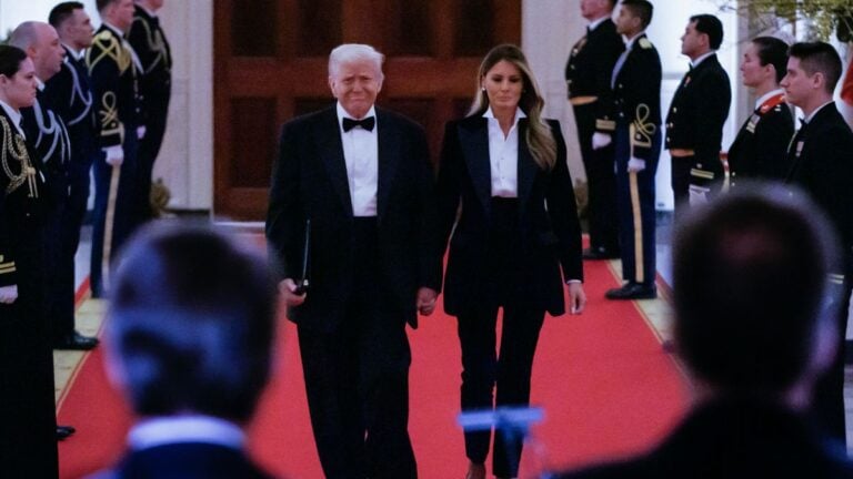 Melania Trump Trashed for Having ‘No Class’ After Wearing Pants To Match Donald At Governors’ Dinner: ‘Full Dude Attire!’ President Donald Trump and first lady Melania Trump arrive for the National Governors Association Dinner in the East Room of the White House in Washington, DC on February 22, 2025