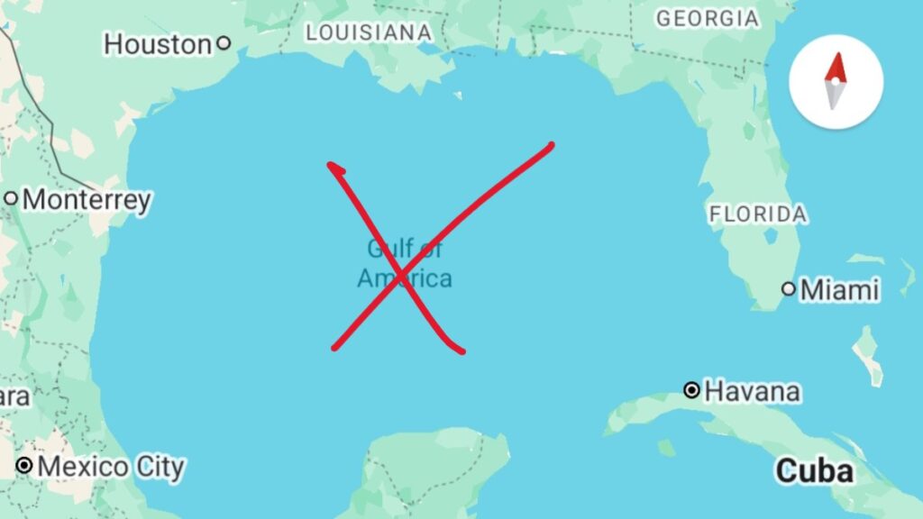 White House Bans Associated Press From Signing Event for Not Using ‘Gulf of America’: ‘It’s Just To Appease the Fragile Masculinity of the Mangled Apricot Lard Biscuit’ A Google Maps shot of the Gulf of Mexico, rebranded as the Gulf of America, with the name crossed out in red