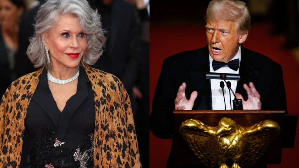 Jane Fonda Praised For Trump Dig During SAG Speech: ‘She’s Got More Guts than 90% of Hollywood’ Jane Fonda and Donald Trump photo merge.