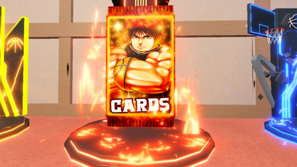 Roblox Kuroku’s Basket Showdown Codes (February 2025) A flaming pack of cards with a flexing figure in the center in Kuroku's Basket Showdown Roblox
