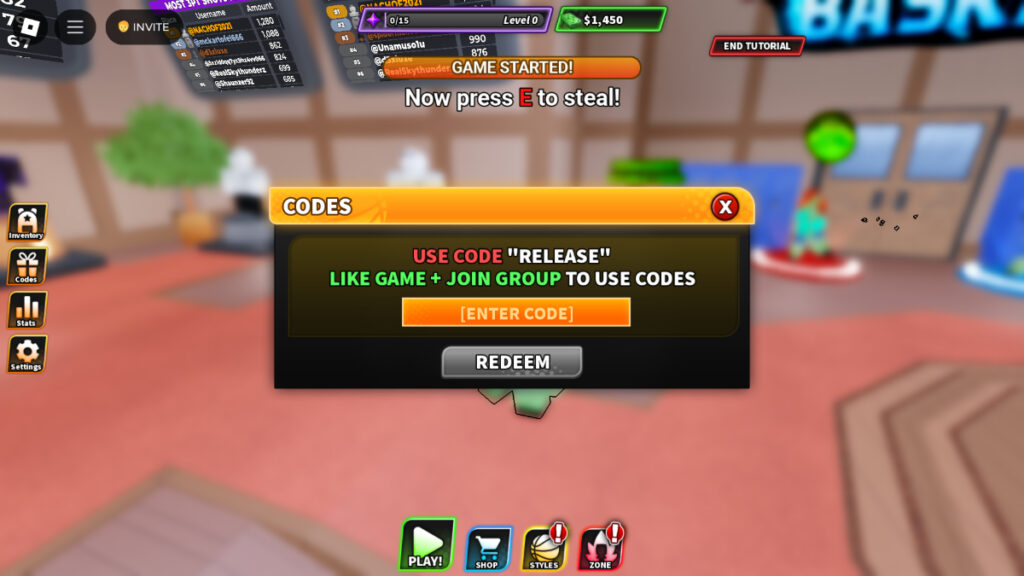 The code redemption screen in Kuroku's Basketball Showdown Roblox