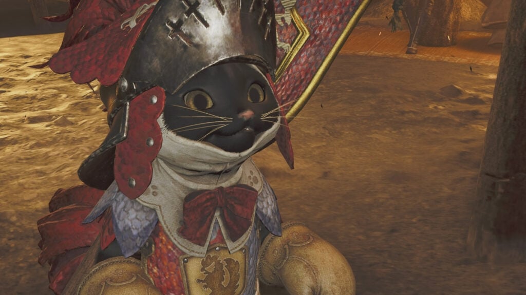 Does Monster Hunter Wilds Have Easy Mode? SoS Flare Explained A close-up of a Palico with a black muzzle wearing a cute knight's costume