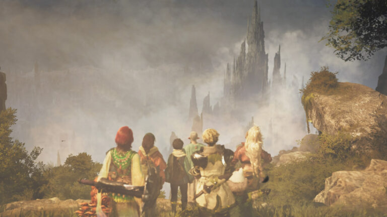 How To Unlock and Get Decorations in Monster Hunter Wilds A group of hunters stand with their back to the camera as they gaze at a distant castle in Monster Hunter Wilds