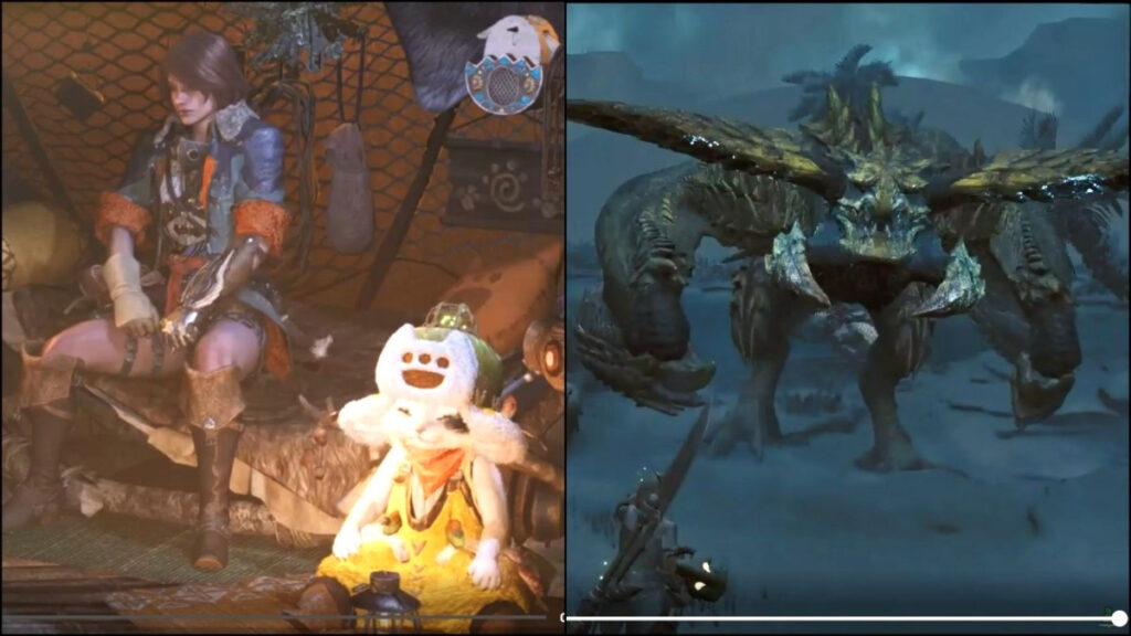 Rey Dau Teaches Unfortunate Monster Hunter Wilds Player Why You Don’t AFK While Watching YouTube A hunter and their Palico relax in a tent in Monster Hunter Wilds moments before a monster attacks