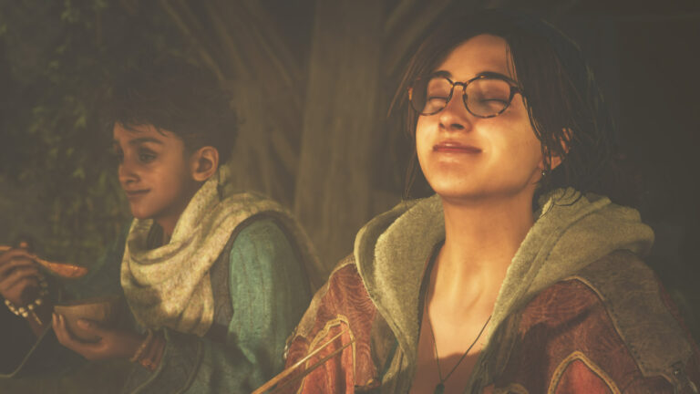 Is There Split-Screen in Monster Hunter Wilds? Two friends sit together in camp in Monster Hunter Wilds