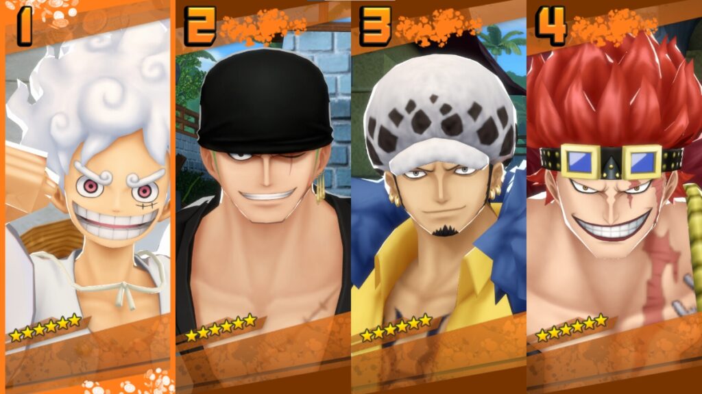 A collage of four characters from One Piece Bounty Rush by Bandai Namco