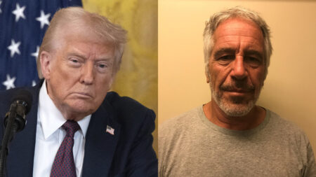 Epstein Scandal Projection Marks Donald Trump’s Controversial UK Arrival: ‘Perfect Greeting For A Felon’ A photo collage of President Donald Trump and Jeffrey Epstein