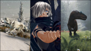 A collage composed of three unusual hunting games, including God Eater 3, WolfQuest, and The Isle